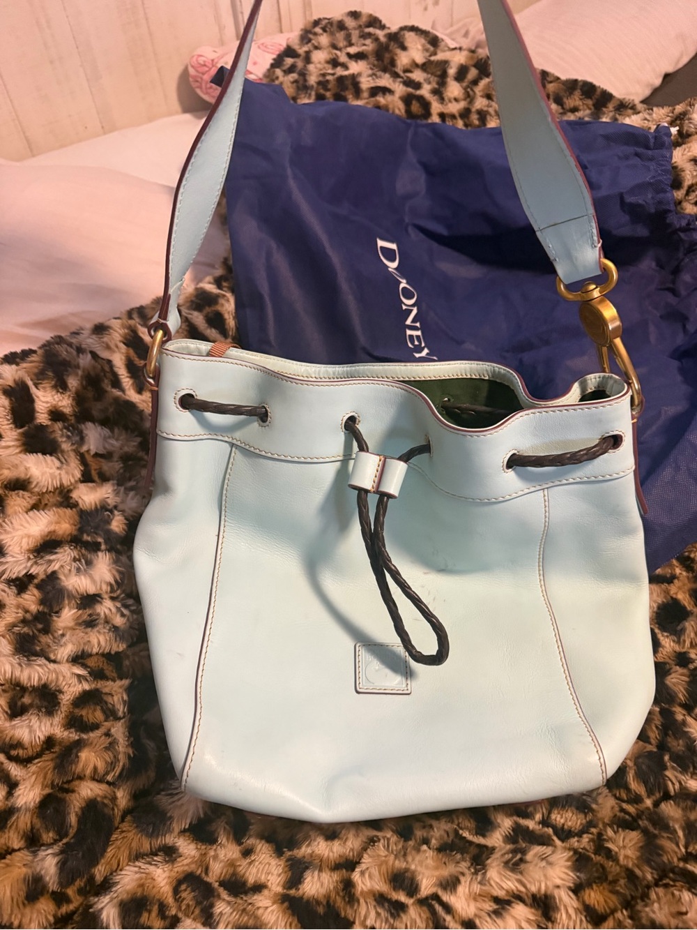 Dooney & Bourke Pale Blue Leather Drawstring Shoulder Bag